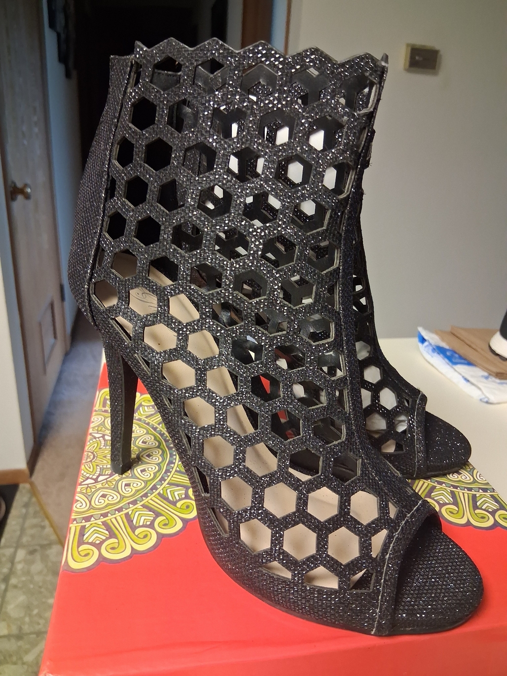 Black Glitter Cutout Stiletto Booties - Women's Dress Heels
